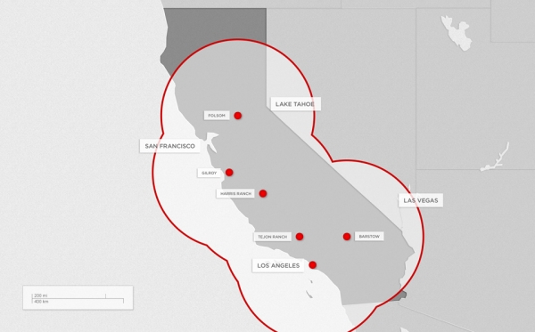sieć pierwszych 6 stacji Tesla Supercharger w Kalifornii