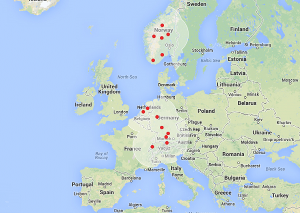 sieć stacji szybkiego ładowania Tesla Motors w Europie - 22 styczeń 2014r.