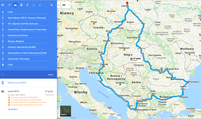 Wakacyjna wyprawa EV z Polski na Bałkany - mapa trasy