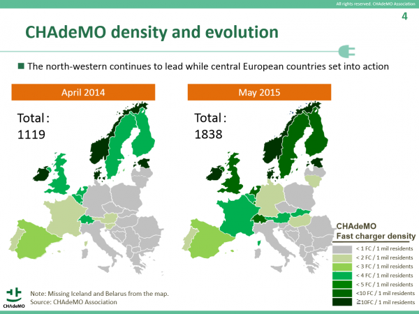 Mapa gęstości szybkich ładowarek CHAdeMO w Europie 2015-05-31