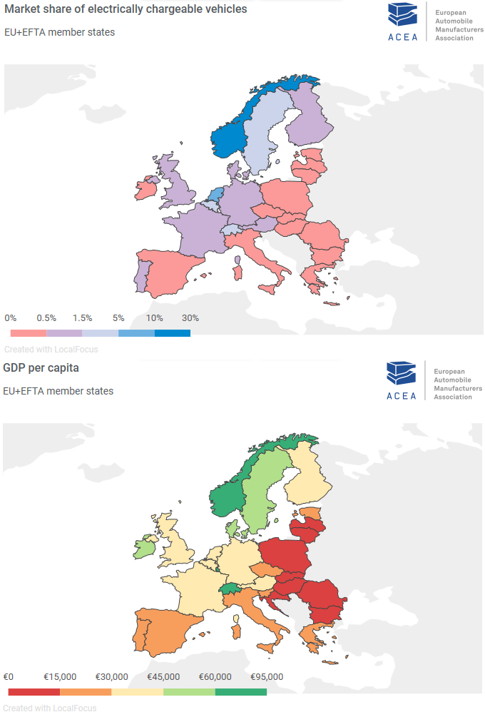 ACEA: Porównanie udziału EV/PHEV w rynku w Europie, z PKB na głowę mieszkańca