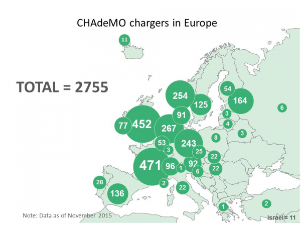 Mapa szybkich ładowarek CHAdeMO w Europie